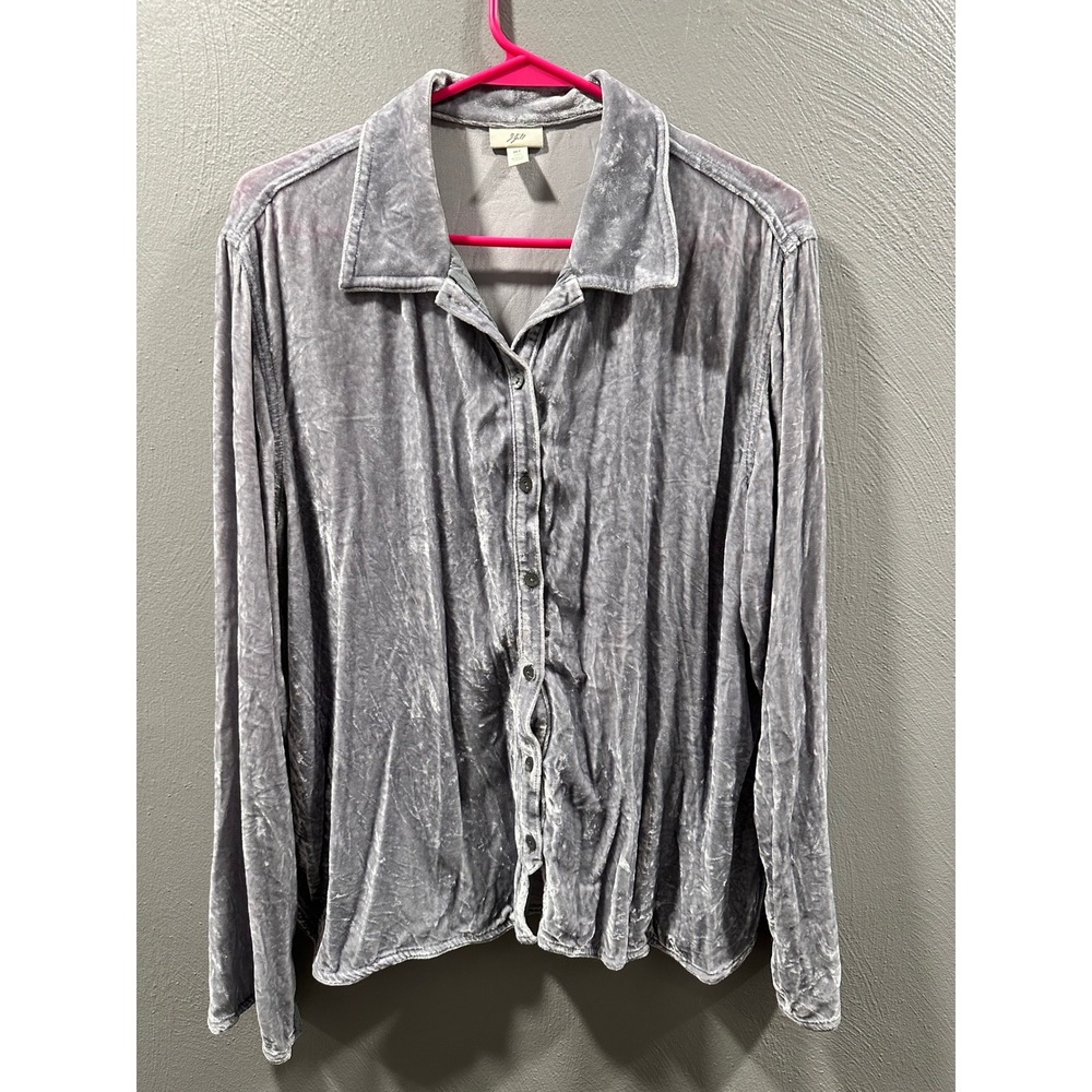 J. Jill Grey Crushed Velvet Silk Blend Button Down Shirt Tall MT Back Lace